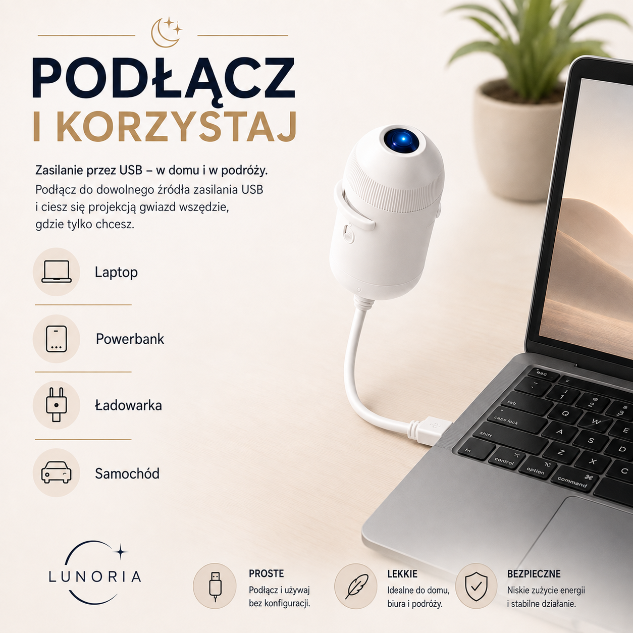Lunoria - podłącz i korzystaj, zasilanie USB